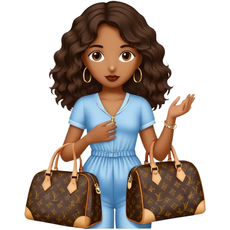  Brown girl with dark brown medium beach wavy hair carrying one Louis Vuitton purse on her arm while standing  emoji
