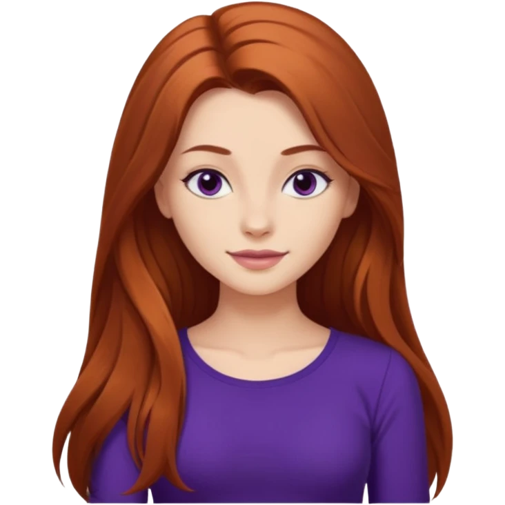 Gorgeous girl with volume auburn extra long hair cleavage dark purple top smirking  emoji