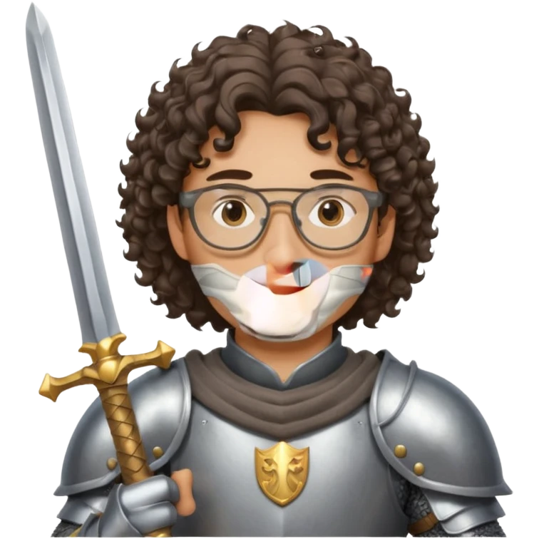 young handsome half-Asian man with wavy curly hair, glasses, dressed as a knight in shining armor, holding a sword, friendly expression emoji