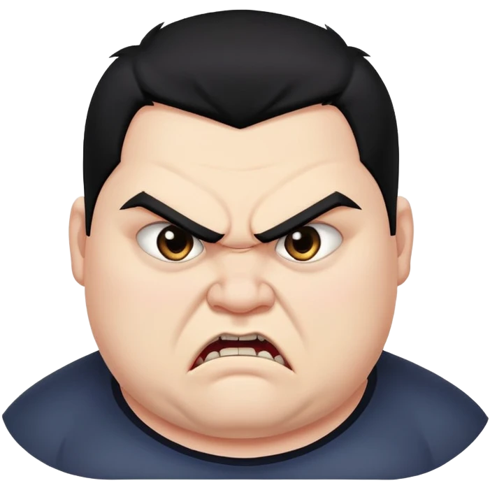 chubby young angry man in profile view with black hair, sharp fangs, crossed eyes emoji