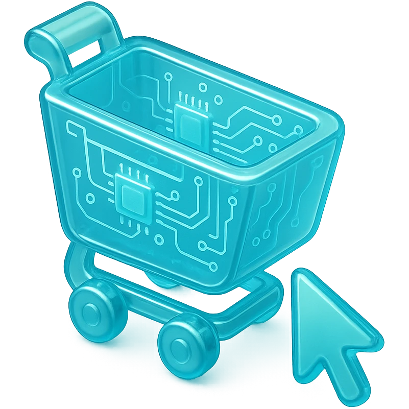 Flat icon of a shopping cart with a digital cursor, cyan blue emoji