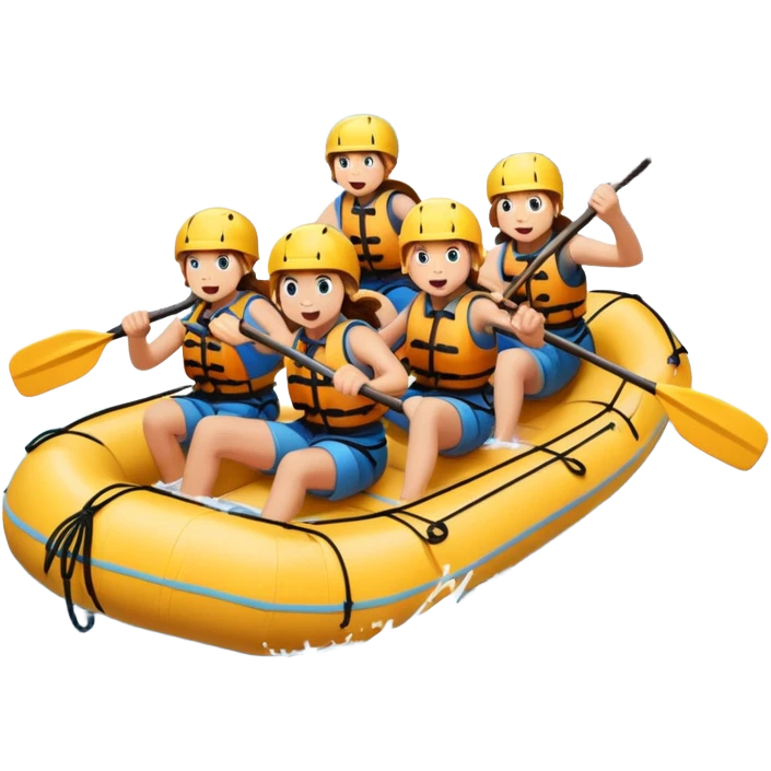 A group of adventurers paddling a raft through wild, fast-moving river rapids. The scene includes splashing water, rugged rocks, and intense action, emphasizing the excitement and teamwork of rafting in challenging conditions. emoji
