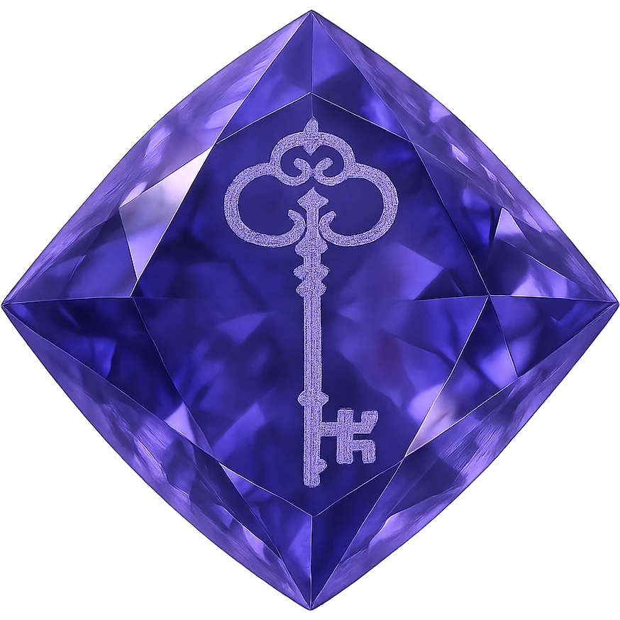 real diamond, circle-diamont gem shape, color #9665db, with complex 🗝️ key  symbol on the diamond. emoji
