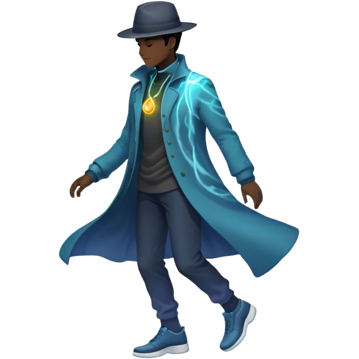 Male silhouette with flowing energy aura around it and small style elements like hat, jacket and shoes orbiting around, ethereal masculine style inspiration emoji