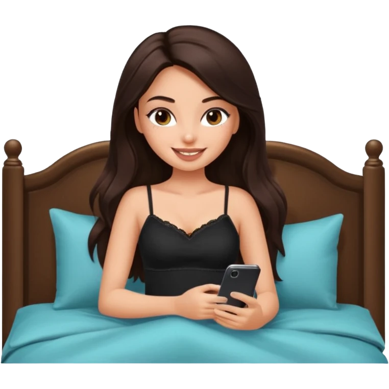 generate a pretty fair bratz girl with long dark brown hair using her phone in bed, smiling . Wearing a black cami emoji