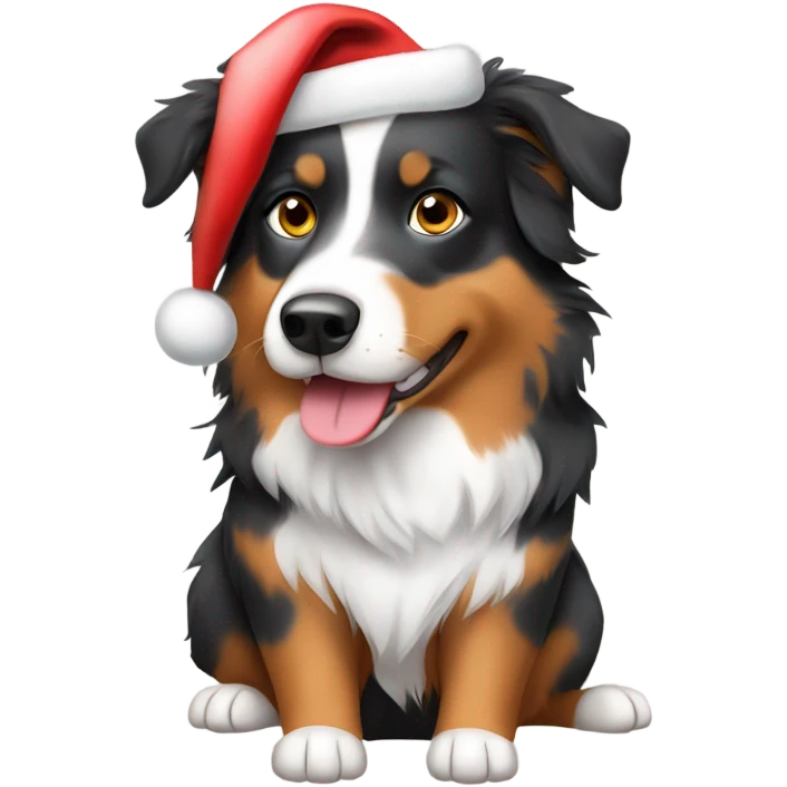 Tri color Australian shepherd wearing Santa hat emoji