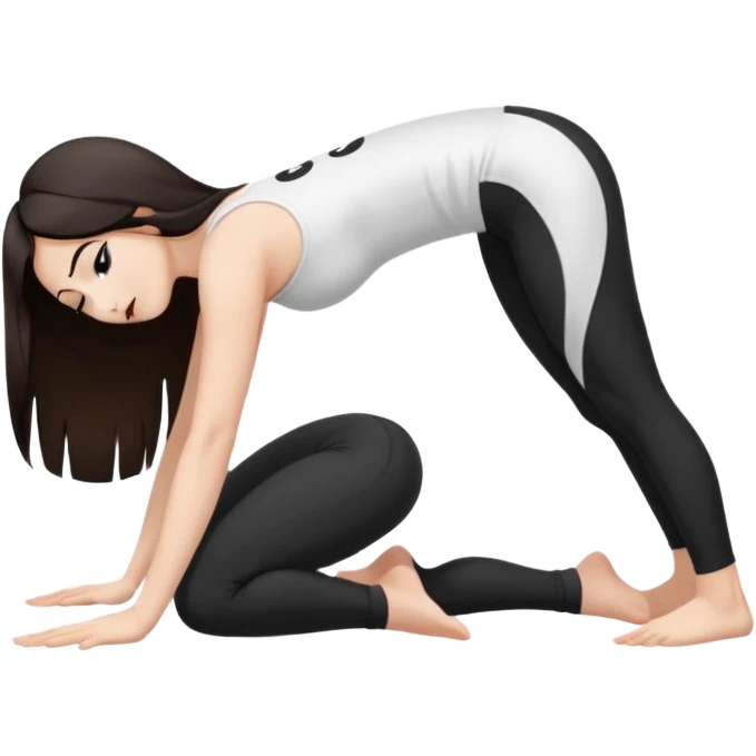 Девушка белокожая в позе собака мордой вниз, с длинными темными волосами, в белом топе, в черных лосинах, с черными ресницами emoji