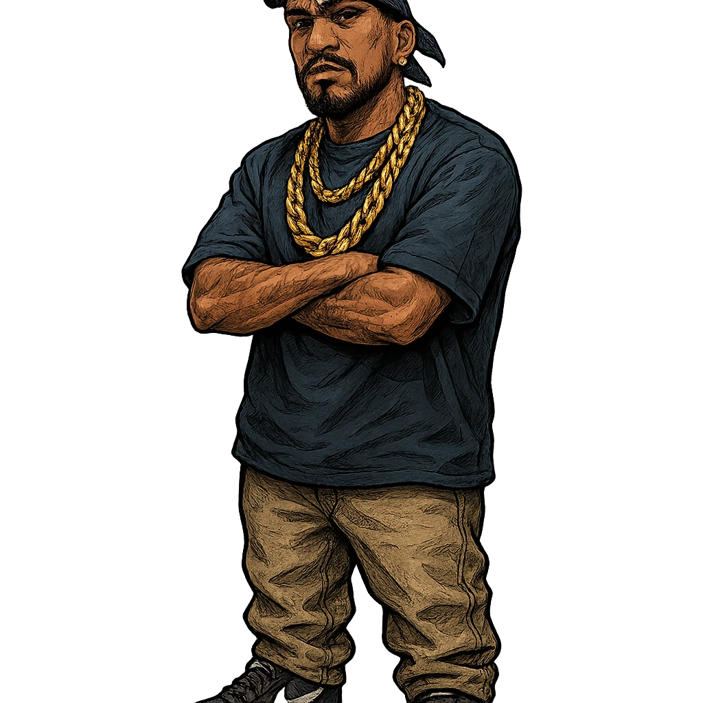 gangsta character, street style, gold chains, confident pose, urban vibe emoji
