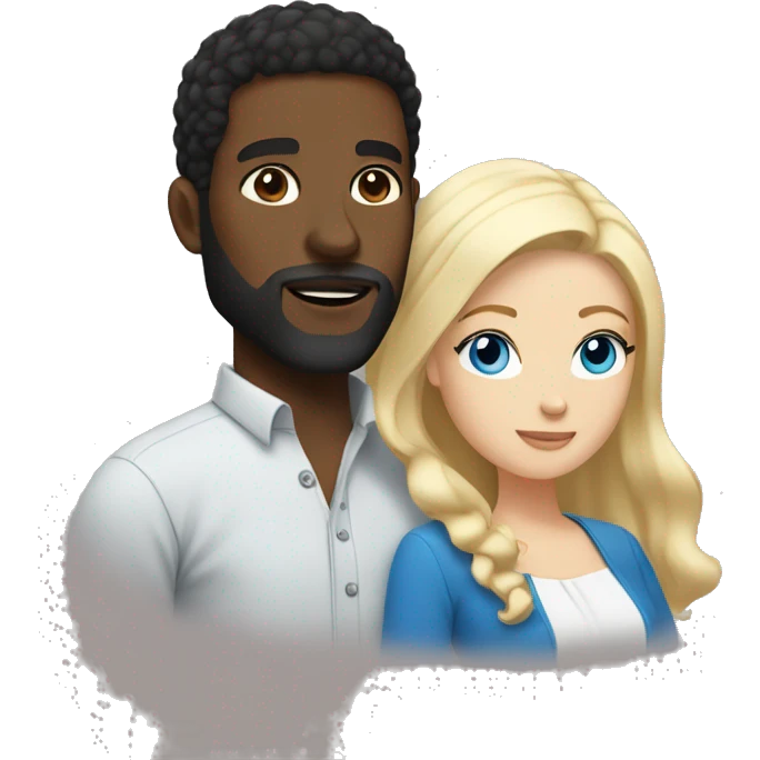 Black man with beard and black hair with brown eyes kissing woman with white skin and blonde hair with blue eyes emoji