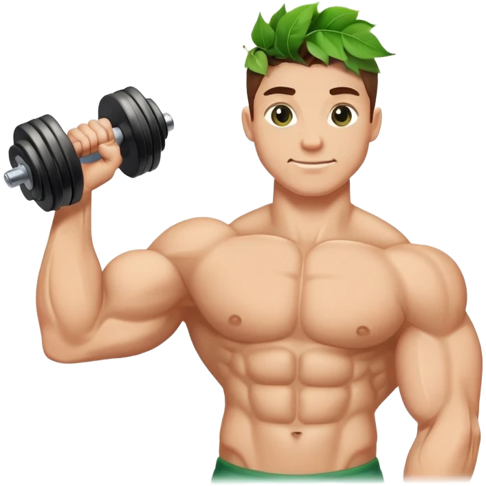 flexed biceps gripping a dumbbell, five green leaves on the left emoji