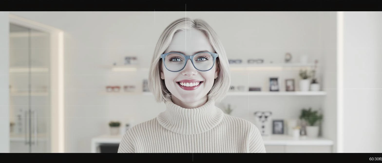 Cinematic still, Proffesional advertising of a smiling european white woman with glasses smiling, minimalistic ophthalmologist interior in background, leading  lines, "rule of thirds", 60/30/10 colors emoji