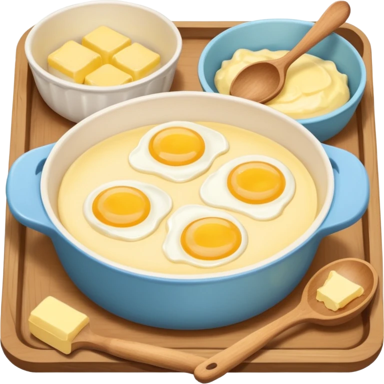 A cream ceramic baking bowl with a wooden spoon in it, a carton of eggs and butter emoji