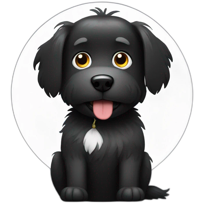 Sitting Hairy Black dog with white circle with more hair in face emoji