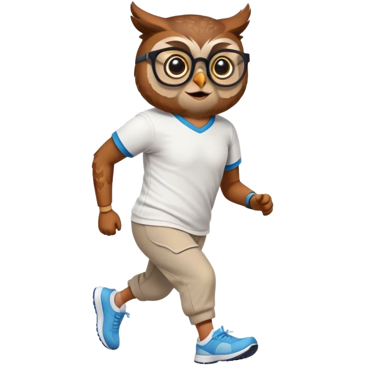 friendly anthropomorphised owl in pants and a shirt, wearing glasses, jogging upright, relaxed pose emoji
