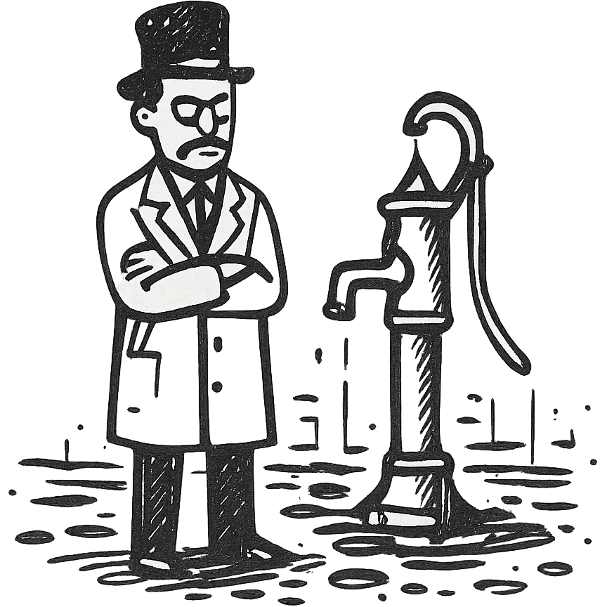 A victorian doctor with a street water pump in a dirty street emoji