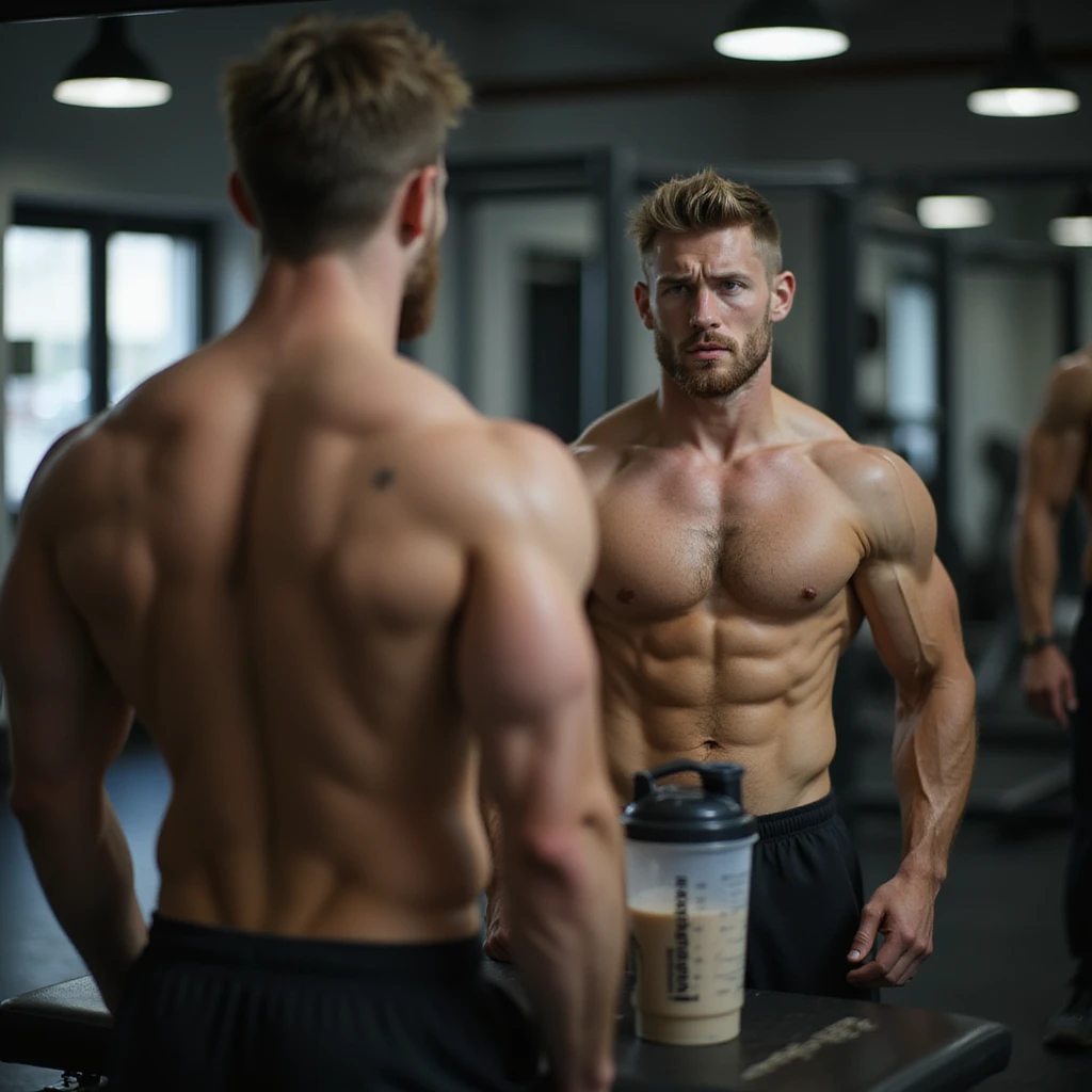 realistic extremely lean male bodybuilder for cutting, shirtless in front of mirror, less full muscles, visible veins, lean appearance, doubtful or worried look, gym with soft light, protein shaker on bench emoji