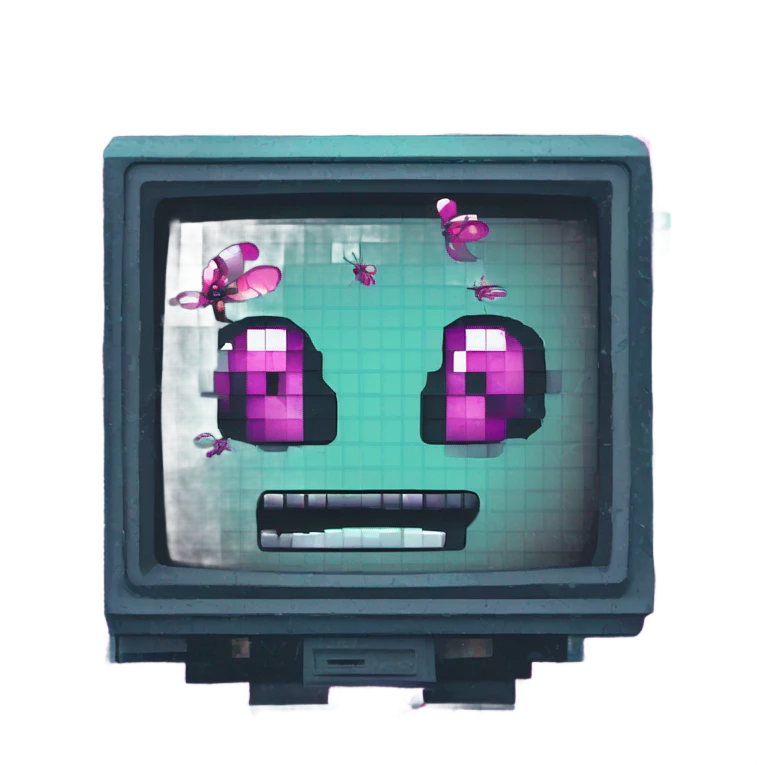 Cartoon emoji of a cracked computer screen with pixel-art bugs, a glowing wrench repairing cracks with reverse animation, error messages transforming into sarcastic text, teal and magenta glitch effects, 8-bit game aesthetic emoji