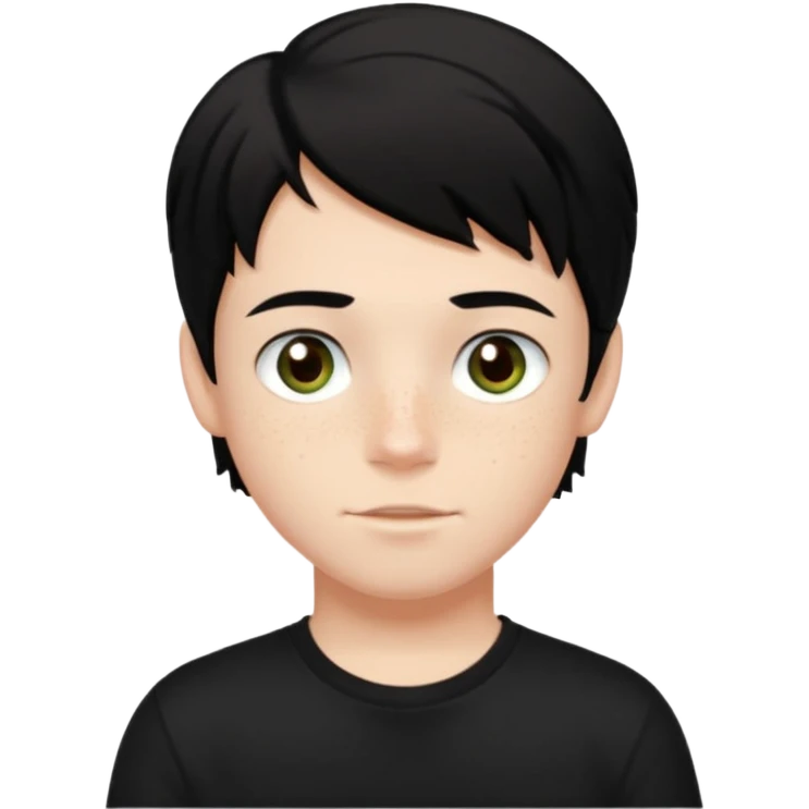 A boy with dark black hair and hazel green and brown eyes and white skin , with freckles and black t shirt with middle part hair hair with a center part emoji