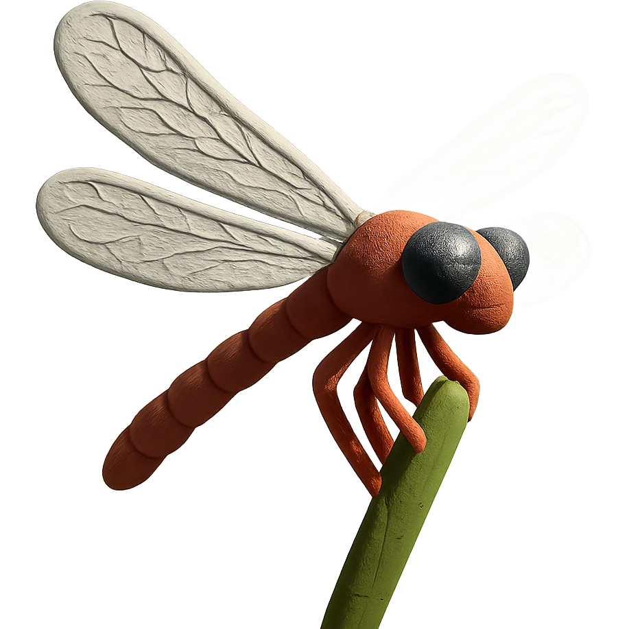 claymation style close-up of a dragonfly on a reed, detailed wings, gentle background emoji