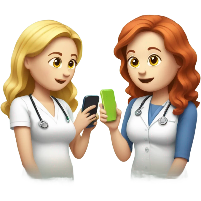 red hair nutritionist and blondie overweight patient talking smartphone emoji