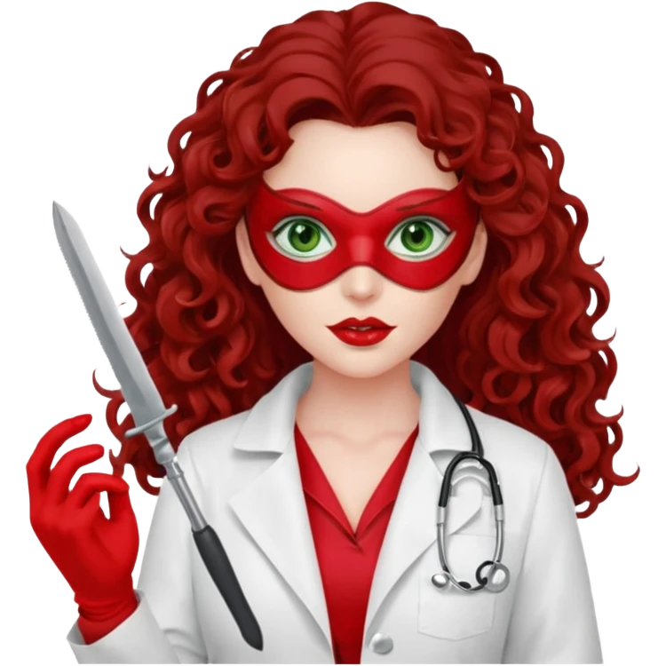 Lilith sexy evil woman. She has green eyes.  had brown long curly hair.  evil surgeon kills with scalpel wears red sexy doctor coat with red long mouth cover red gloves.  emoji
