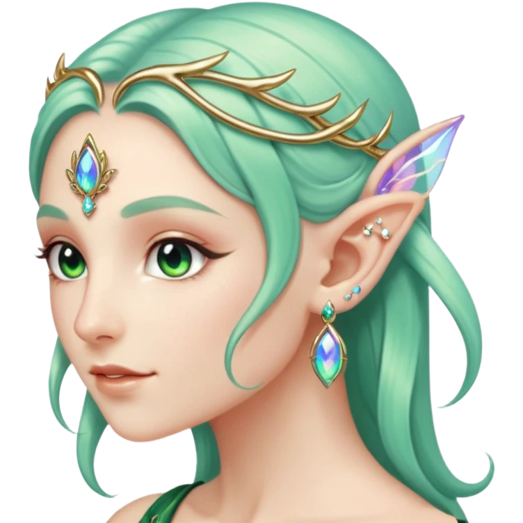 portrait of Elvish fae shiny sparkly iridescent translucent diaphanous ear climber ear cuff emoji