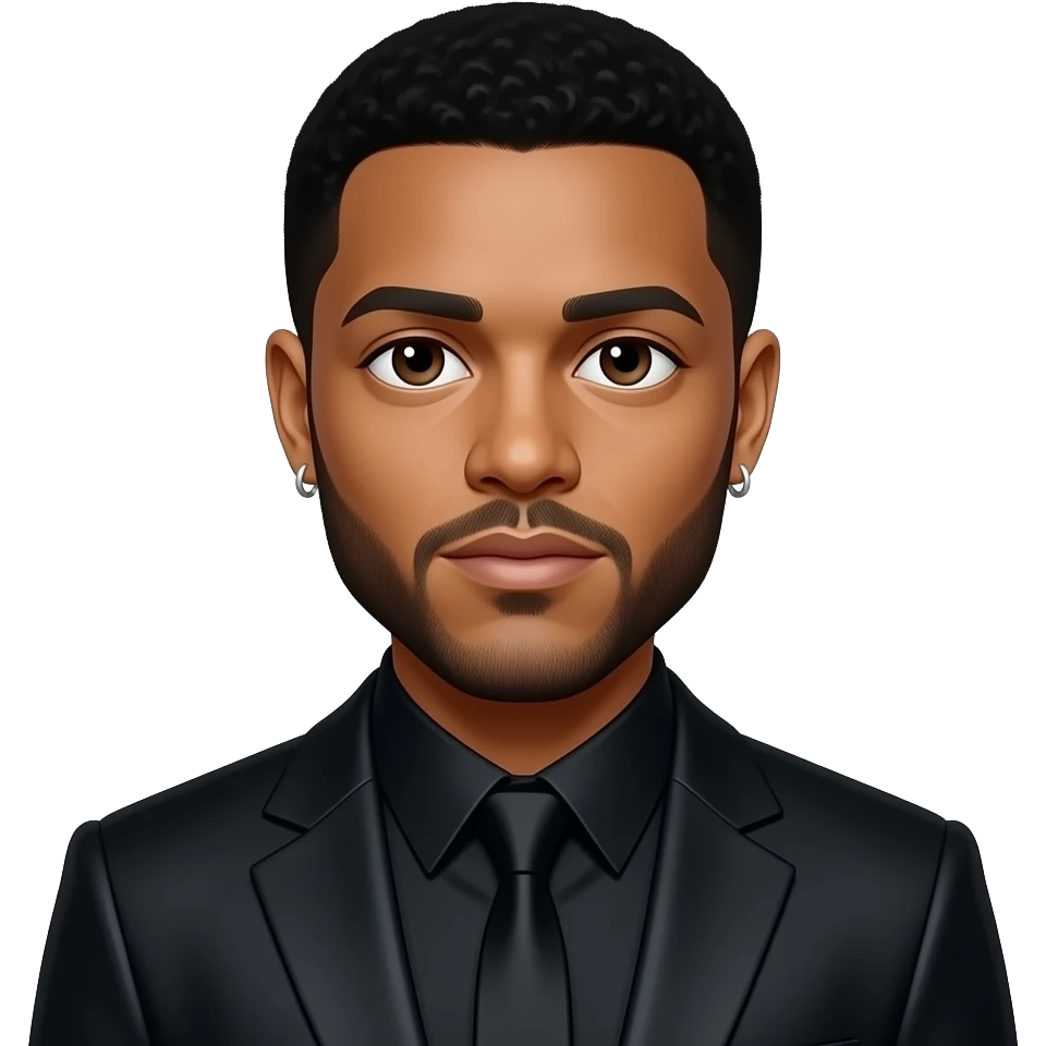 The Weeknd with dark brown eyes, black hair, black metallic shirt, black metallic suit jacket, silver short earrings emoji