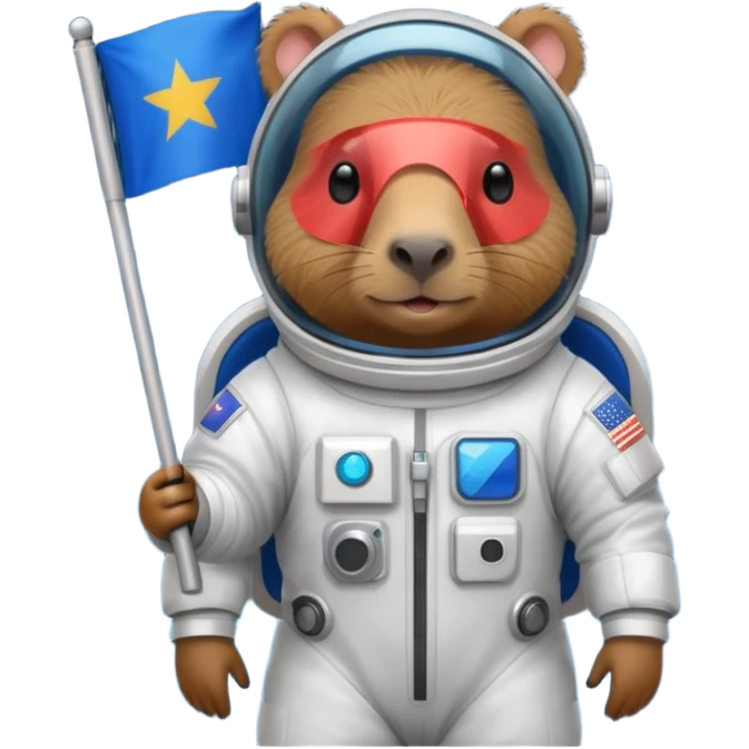 Capypara in space suit, holding blue rectangle flag emoji