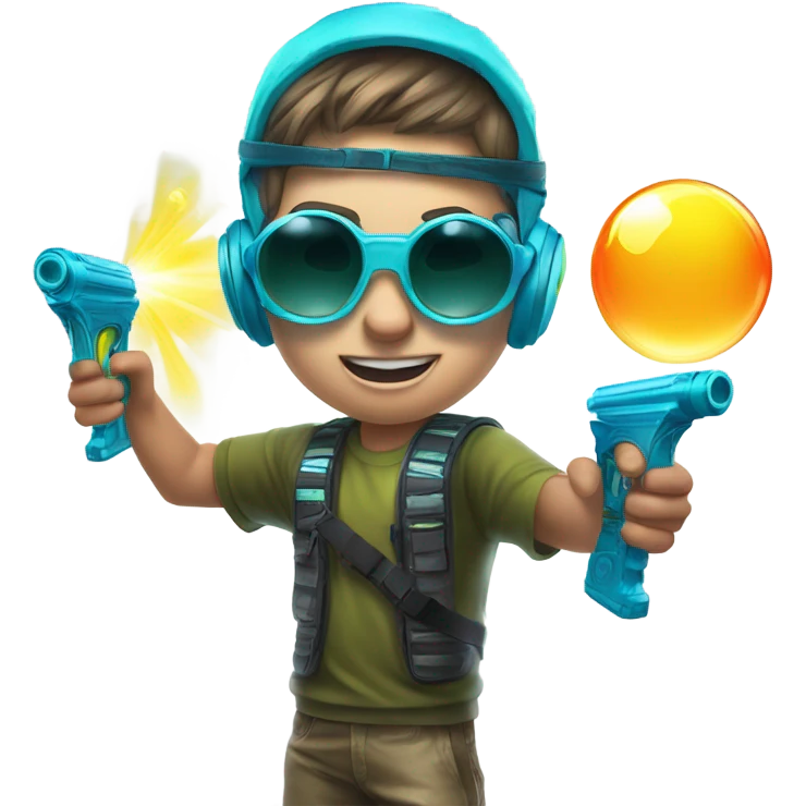 Caucasian boy in glowing rave gear with sunglasses and mask and headlamp and shooting a bubble gun emoji