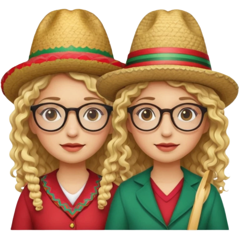 2 blonde girls, one with curly hair and glasses and the other with straight hair and glasses. both wearing Mexican hats emoji