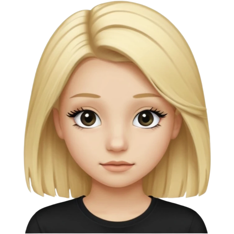 Fille jolie de 15 ans blonde aux cheveux longs avec des faux cils et un t-shirt noir emoji
