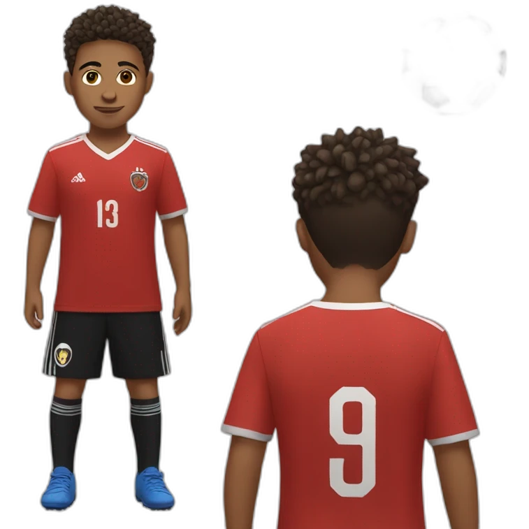 Young brown kid freestyling soccer ball on his head, spike haircut, red shirt, black trousers, soccer ball emoji