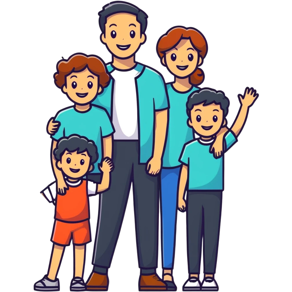 happy family: father, mother, two children, all smiling, bright colors emoji