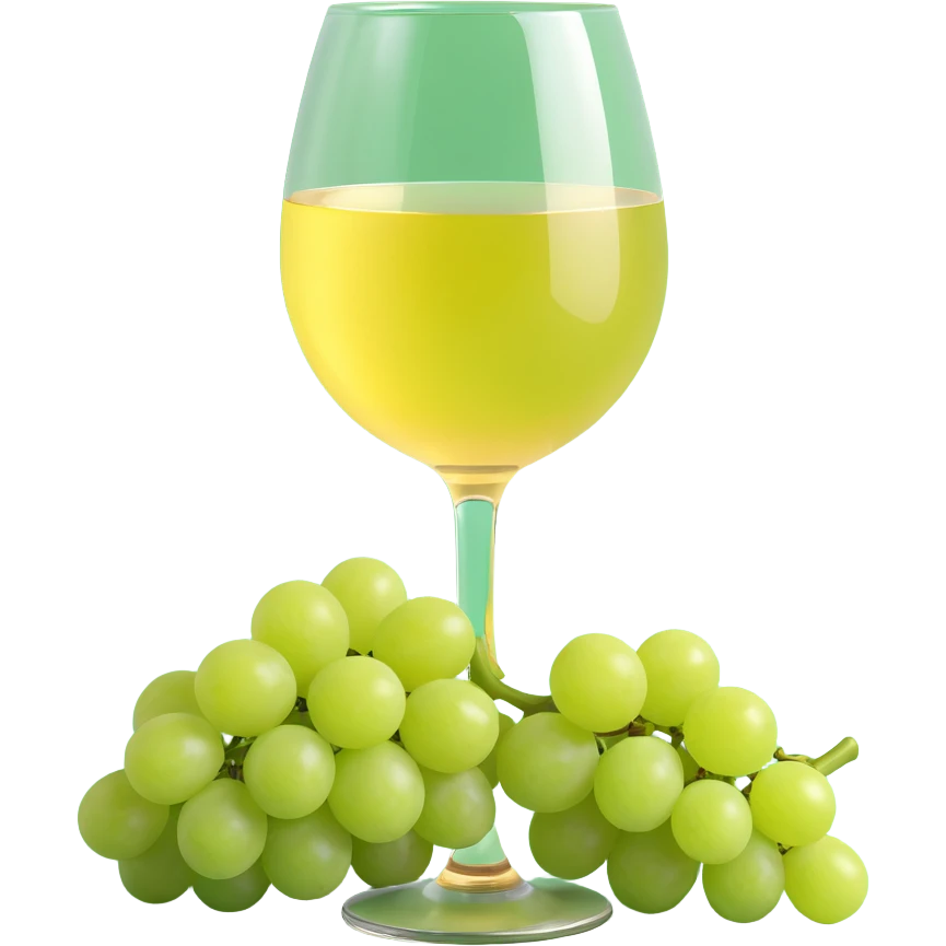 3D emoji style, light yellow wine glass with light green grapes beside it, Korean text '화이트와인' at the bottom, no background emoji