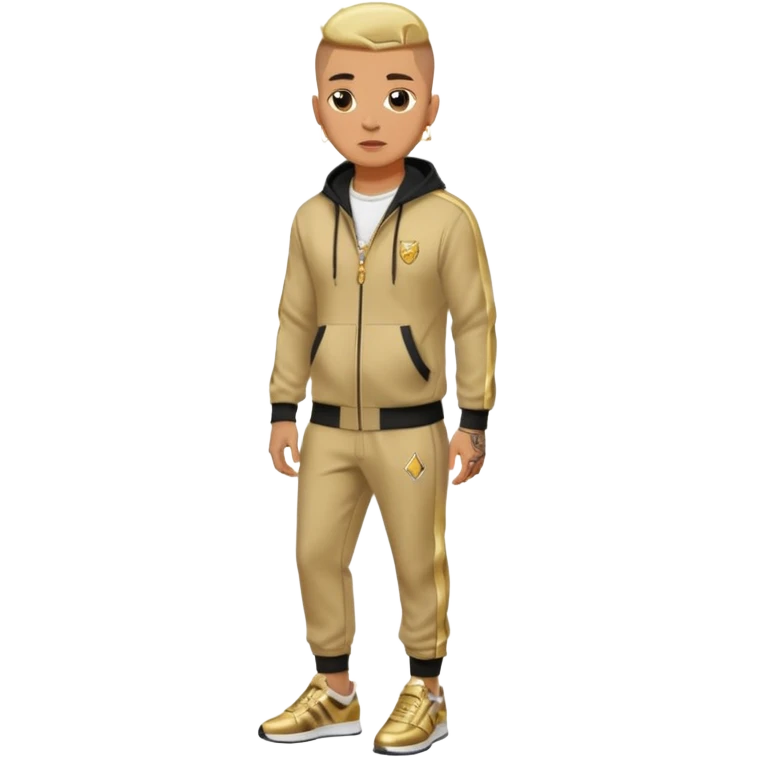 Capelli rasati ai lati con sfumatura, sopra corti e fissati con gel. Look curato e deciso. Indossa tuta firmata (Nike, Adidas, Lacoste, EA7) o jeans skinny, scarpe vistose come Air Force 1. Sempre presenti borsello a tracolla e collana d’oro E tatuaggi d’appertutto a mezzo busto emoji