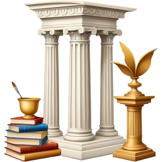 An icon featuring a paint palette, a sculpture, and a book, symbolizing the study of culture and art. The design includes a classical column and a canvas, representing art history and cultural exploration. Transparent background highlights the connection between creativity and history. emoji