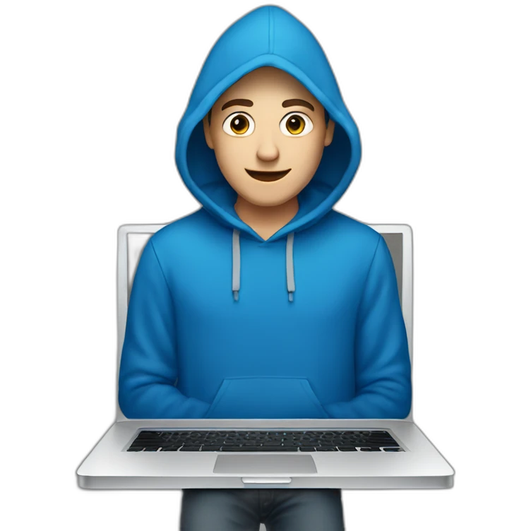 White Young man with a blue hood behind his laptop opened emoji