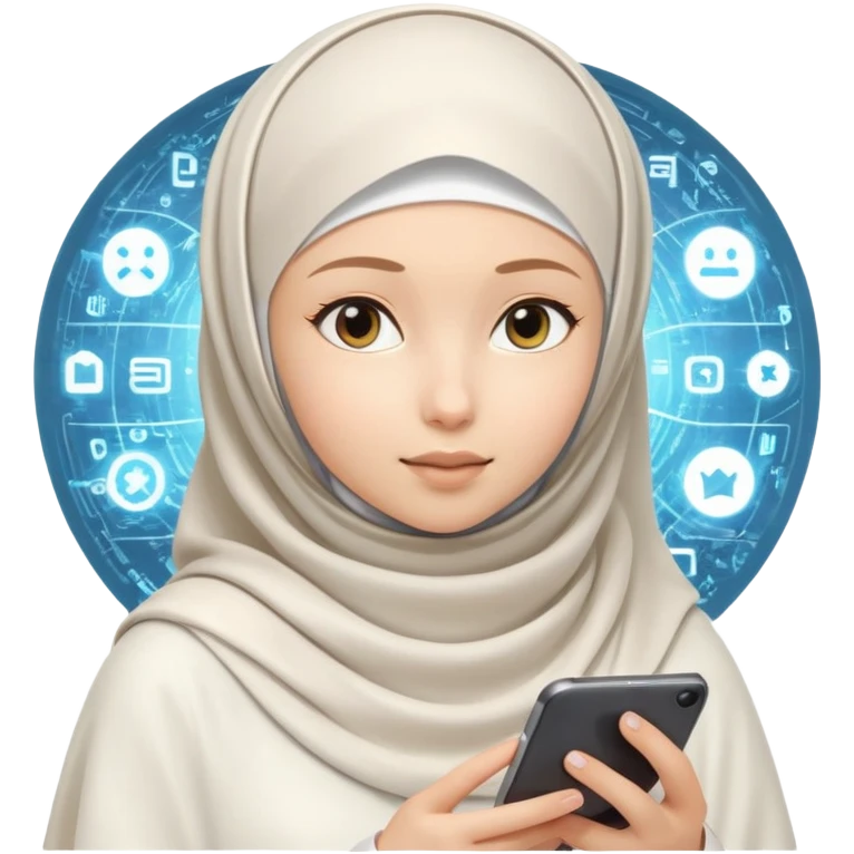 girl with white hijab working with augmented reality and metaverse, digital code, virtual machine artifacts floating around her emoji