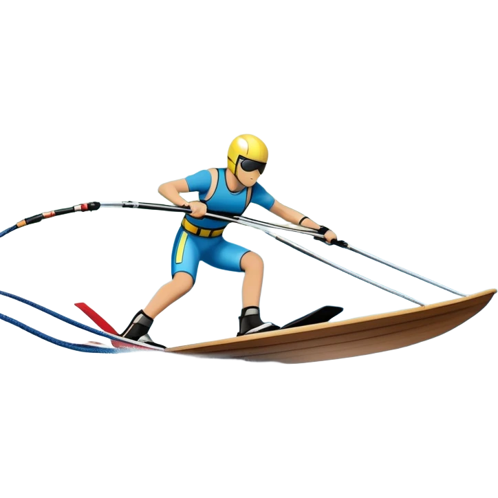An icon showing water skis on the surface of the water, with ski ropes trailing behind. In the background, a boat fades into the distance, leaving a wake. The focus is on the skis gliding across the water. Transparent background highlights the thrill and speed of water skiing. emoji