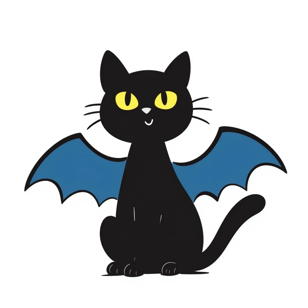 black cat with blue bat wings and glowing yellow eyes emoji