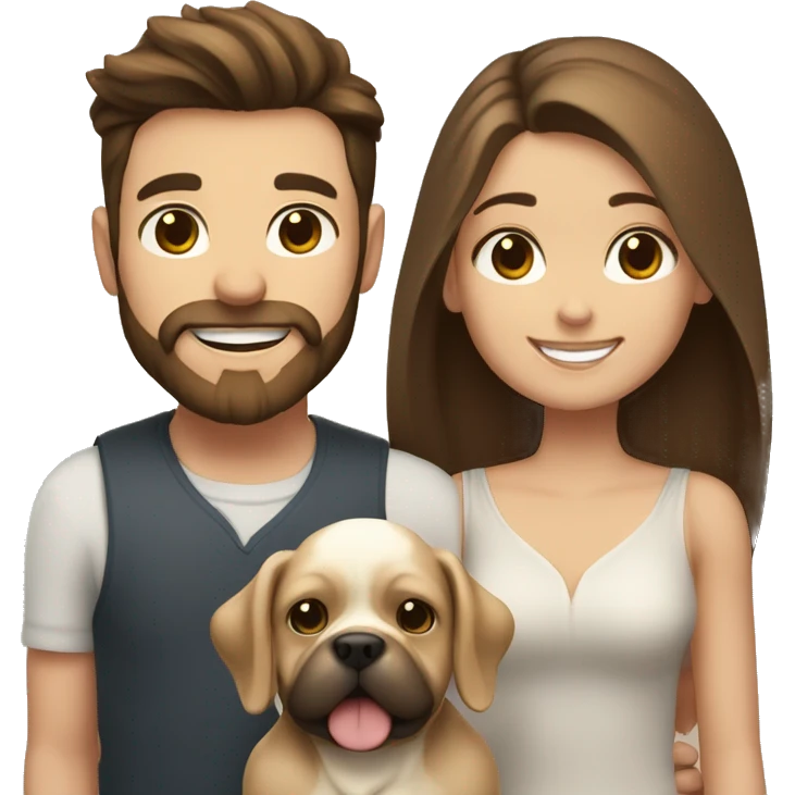Brunette happy couple boy with beard and girl  with long hair with one cute beige French bull dog  emoji