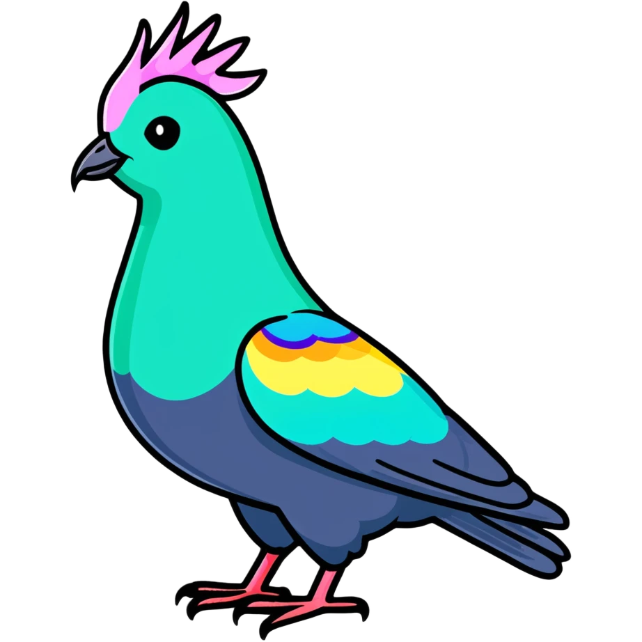 Nicobar pigeon with colorful iridescent plumage, distinctive long neck feathers, and white tail emoji