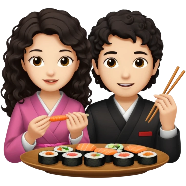 czarnowłosa ksieżniczka w dlugich wlosach je sushi z chłopakiem o czarno brązowych kręconych włosach i są zadowoleni i są nastolatkami i te włosy są lekko krecone emoji