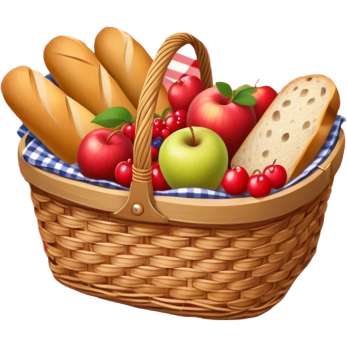 picnic basket with fruit and bread on a checkered blanket emoji