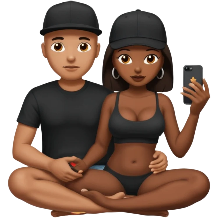 A picture of a tanned couple. the man is a Mexican man with tanned skin, with a bald hair cut wearing a SnapBack hat and a black shirt. the woman grinding on his lap has thick dark brown hair and with big naked boobs emoji