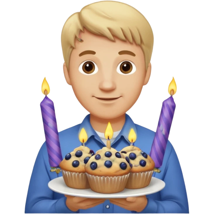 It is my friend virginias birthday. Create emoji with me saying happy birthday Virginia while holding blueberry muffins with birthday candles in them! I am a white man make the emoji with dirty blonde hair. Have a banner that says happy birthday  emoji