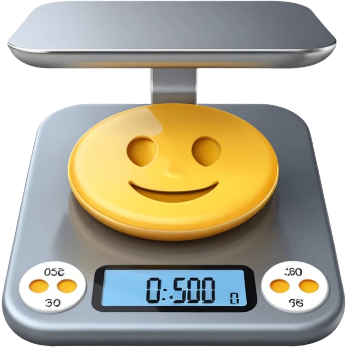 iOS-style 3D emoji: a small digital kitchen scale with a flat platform and an LCD screen displaying 0 g. emoji