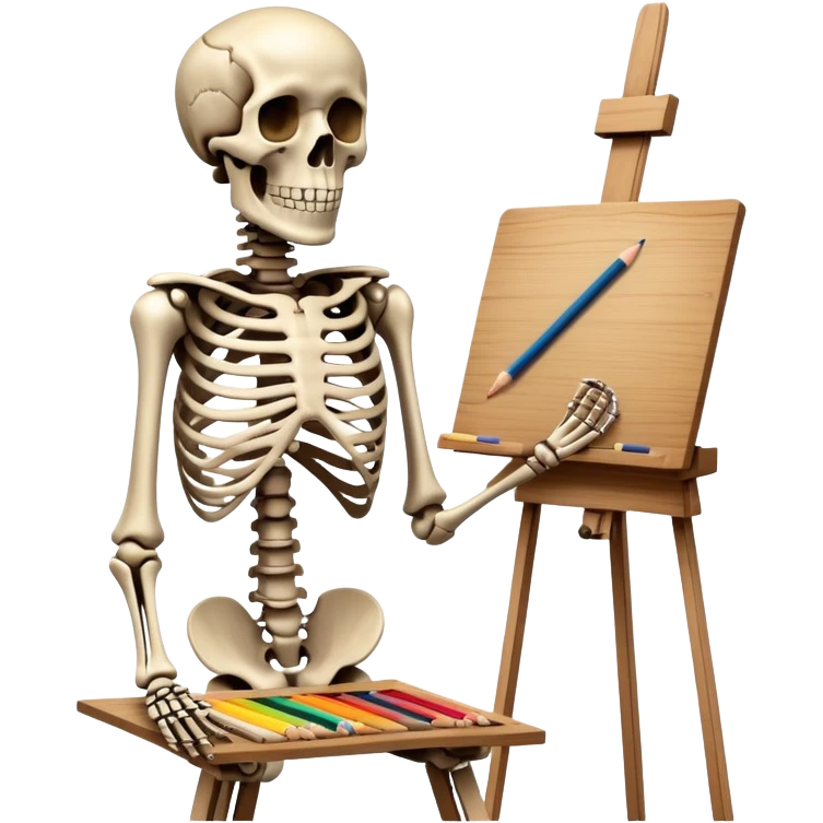 sketelon drawing picture on easel with color palette emoji