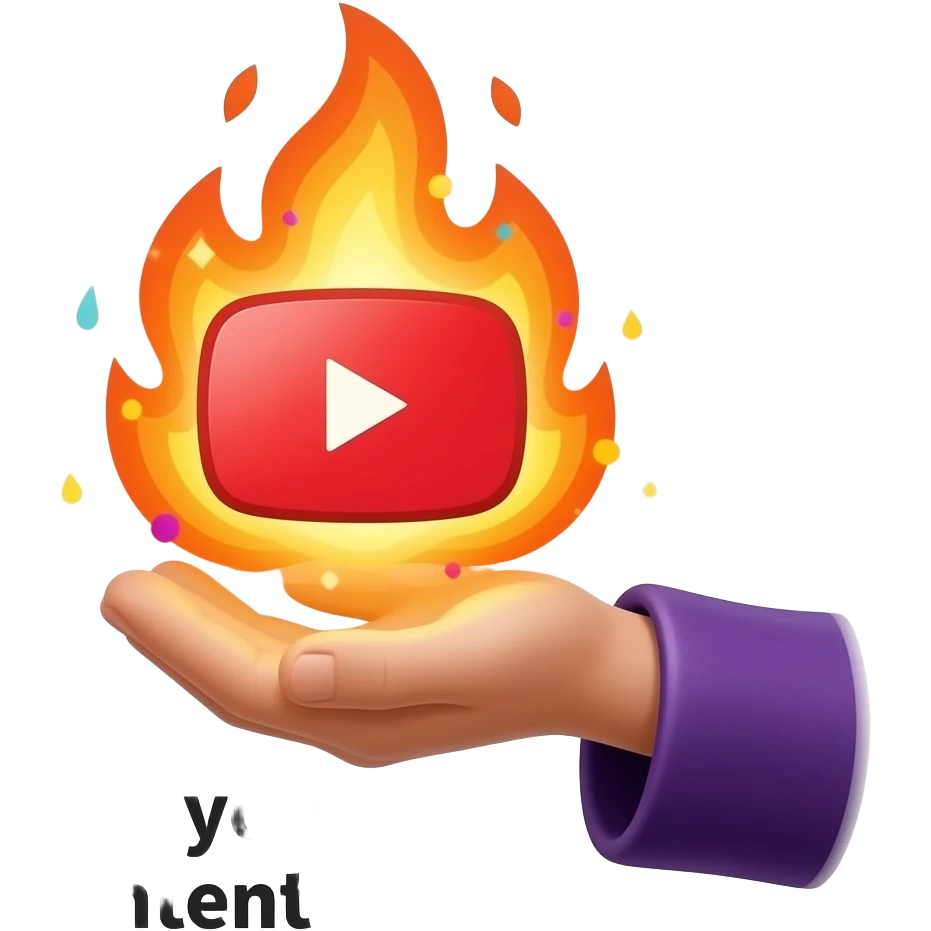A wizard’s hand holding a glowing, magical YouTube logo like a fire spell, text bellow: "Do you want Content Maker?" High fantasy, mystical particles, clean white background, sticker style emoji