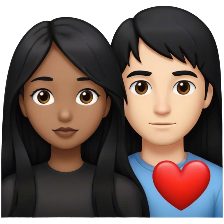 Half face of a girl with black long hair and half face of a man with black hair and in between them a heart emoji